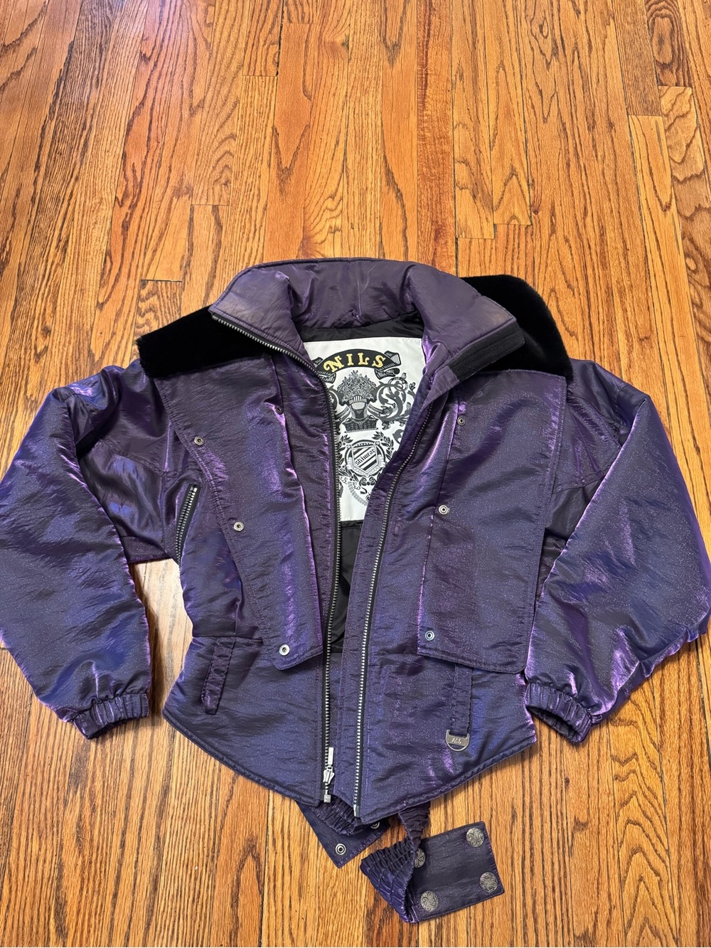 Vintage Nils Down Fill Ski Jacket Winter Coat Fur Trim Purple Iridescent Retro